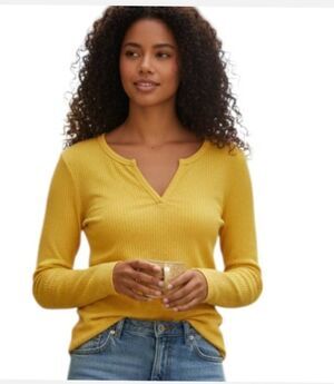 Amazon Yellow Waffle Knit Long Sleeve Henley Top Sz.M EUC.